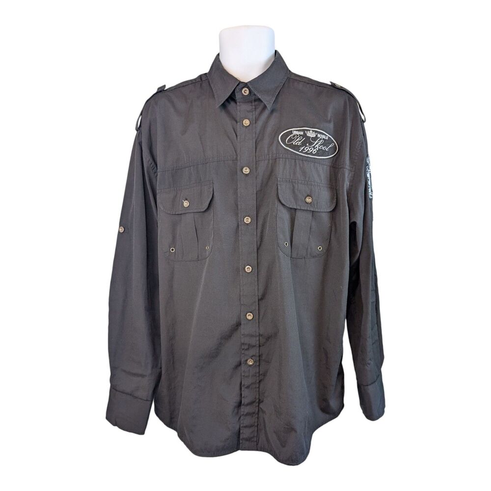 Vintage Old Skool 1996 Urban Royale Black Button-Up Shirt Men's Size Large Biker
